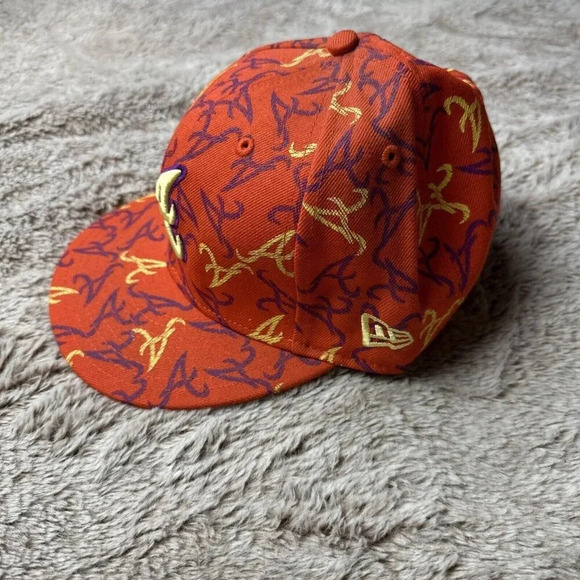 Atlanta Braves Hat New Era 59Fifty All Over Print Baseball Cap Orange 7 3/8 New - Picture 2 of 16